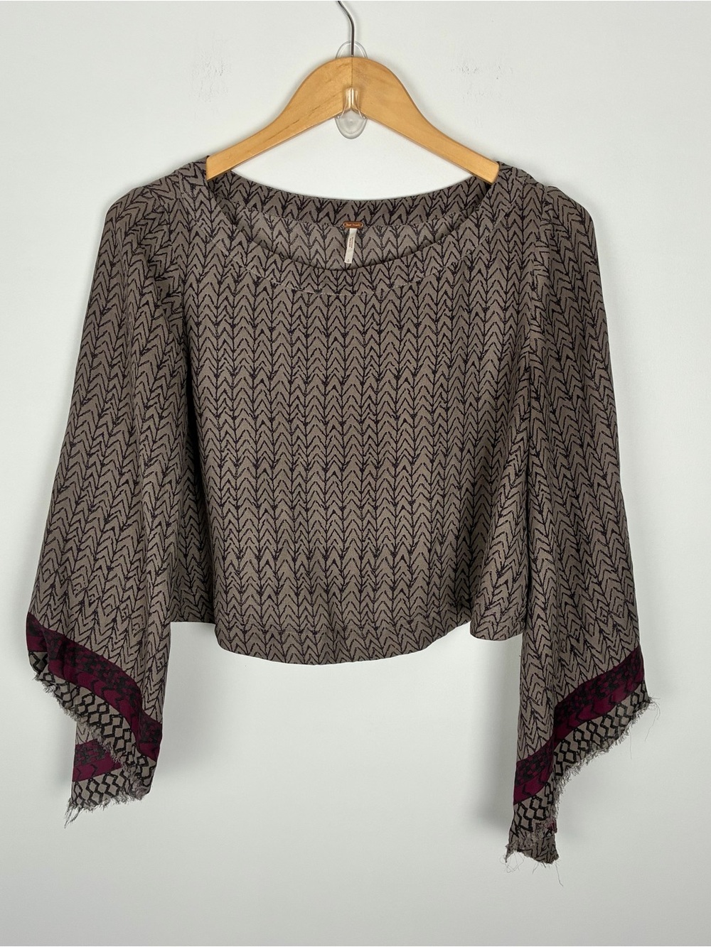 Free People Frayed Bell-Sleeve Bohemian Scoop Neck Blouse Earthy Peasant S